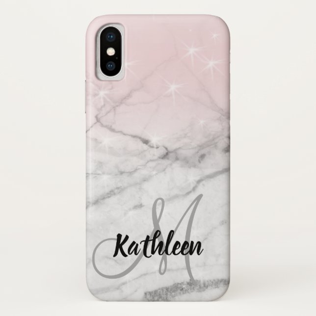 Girly Rosen-Rosa-grauer Marmormonogramm-Name Case-Mate iPhone Hülle (Rückseite)