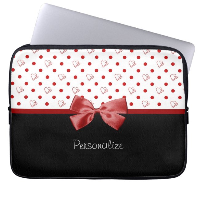 Girly roter und schwarzer Tupfen-Herz-Bogen mit Laptopschutzhülle (Vorderseite)