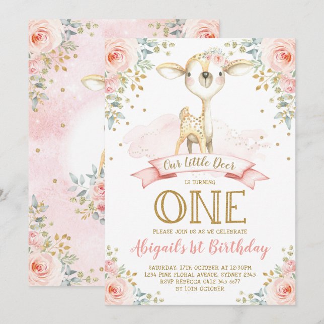 Girly Rotwild-1. Geburtstag erröten Einladung (Vorne/Hinten)