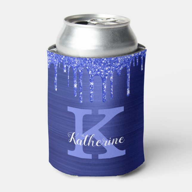 Girly Sapphire Blue Glitzer Tropfen Monogram Name Dosenkühler (Kanne Vorderseite)