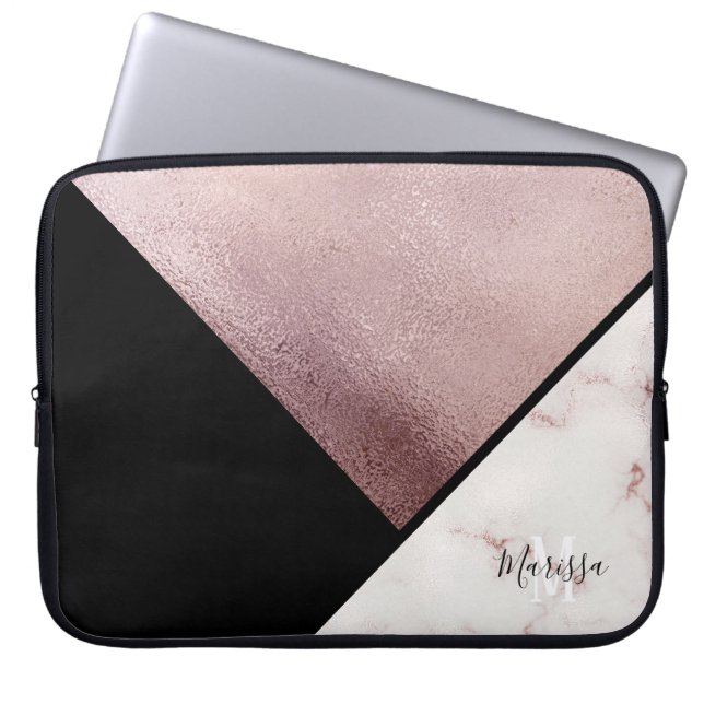 Girly Schwarz-u. Rosen-Goldmarmor-abstraktes Laptopschutzhülle (Vorderseite)