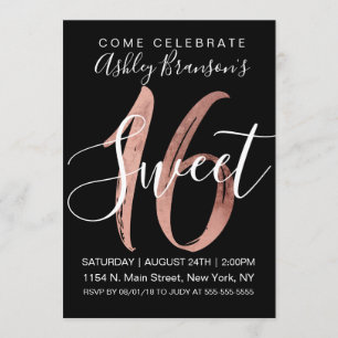 Girly Schwarz-weiß Rose Gold Foil Modern Sweet 16 Einladung