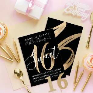 Girly Schwarz-weiße Imitate Goldfoil Sweet 16 Einladung