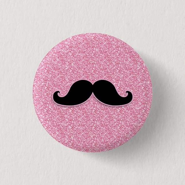 GIRLY SCHWARZER SCHNURRBART-ROSA-GLITZER GEDRUCKT BUTTON (Vorderseite)
