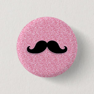GIRLY SCHWARZER SCHNURRBART-ROSA-GLITZER GEDRUCKT BUTTON