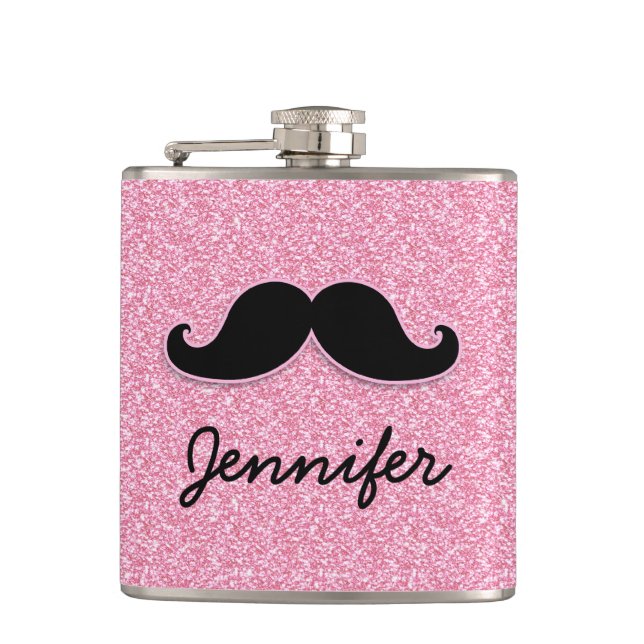 GIRLY SCHWARZER SCHNURRBART-ROSA-GLITZER GEDRUCKT FLACHMANN (Vorderseite)
