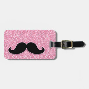 GIRLY SCHWARZER SCHNURRBART-ROSA-GLITZER GEDRUCKT GEPÄCKANHÄNGER