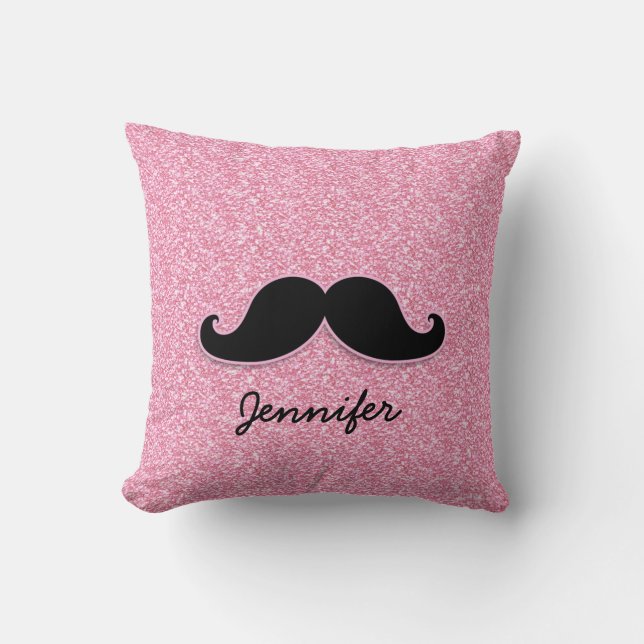 GIRLY SCHWARZER SCHNURRBART-ROSA-GLITZER GEDRUCKT KISSEN (Vorderseite)