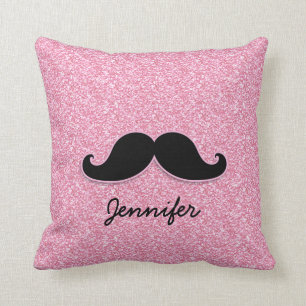 GIRLY SCHWARZER SCHNURRBART-ROSA-GLITZER GEDRUCKT KISSEN
