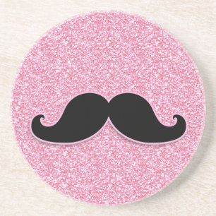GIRLY SCHWARZER SCHNURRBART-ROSA-GLITZER GEDRUCKT SANDSTEIN UNTERSETZER