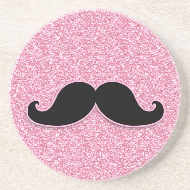 GIRLY SCHWARZER SCHNURRBART-ROSA-GLITZER GEDRUCKT SANDSTEIN UNTERSETZER (Vorne)
