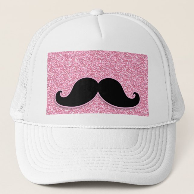 GIRLY SCHWARZER SCHNURRBART-ROSA-GLITZER GEDRUCKT TRUCKERKAPPE (Vorderseite)