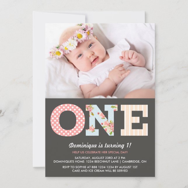 Girly Shabby Chic First Birthday Photo Invitation (Devant)