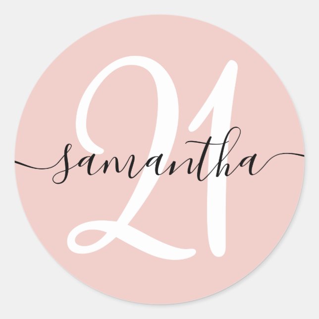 Girly Signature Personalisiert Number 21 Blush Runder Aufkleber (Vorderseite)