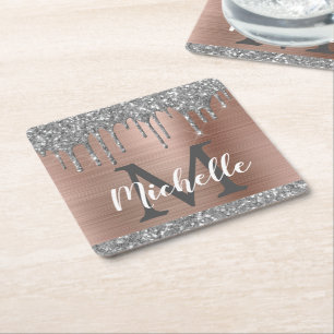 Girly Silber Glitter Tropfen Roségold Monogramm Rechteckiger Pappuntersetzer