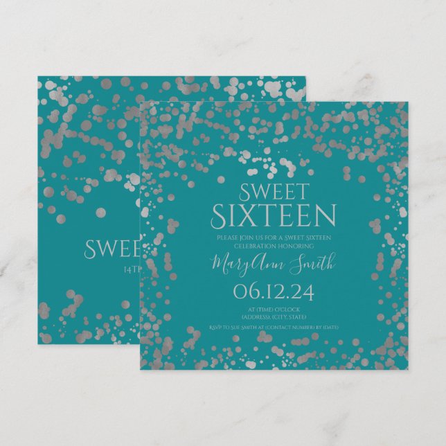 Girly Silver Foil Confetti Sweet 16 Aquamarin einl Dankeskarte (Vorne/Hinten)