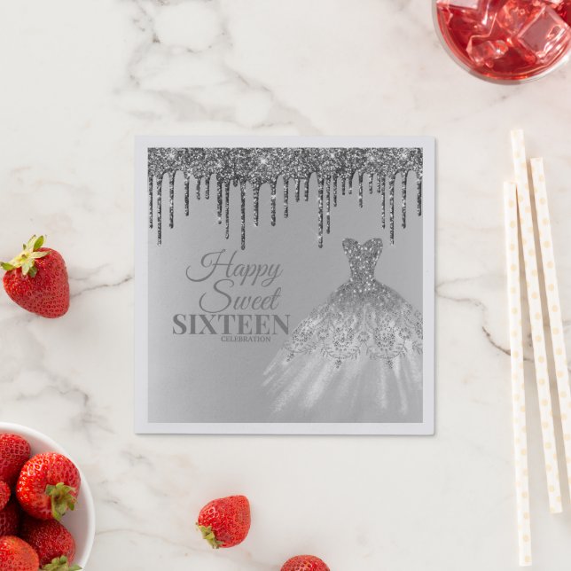 Girly Silver Glam Glitzer Tropfen Sweet 16 Birthda Serviette (Beispiel)