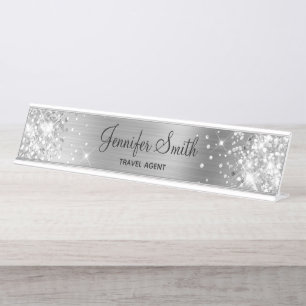 Girly Silver Glitzer and Foil Schreibtischnamensplakette