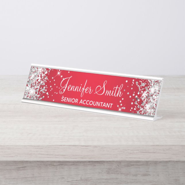 Girly Silver Glitzer Bright Red Gradient Schreibtischnamensplakette (Vorderseite )