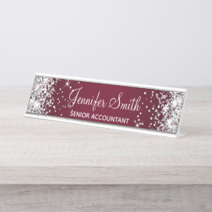 Girly Silver Glitzer Burgundy Gradient Schreibtischnamensplakette