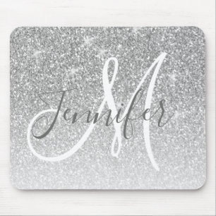 Girly Silver Glitzer Glitzern Grau Monogramm Name Mousepad
