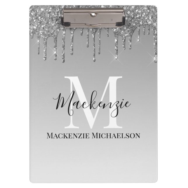 Girly Silver Gray Glitzer Monogram Name Klemmbrett (Vorderseite)