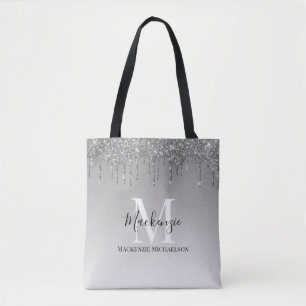 Girly Silver Gray Glitzer Monogram Name Tasche