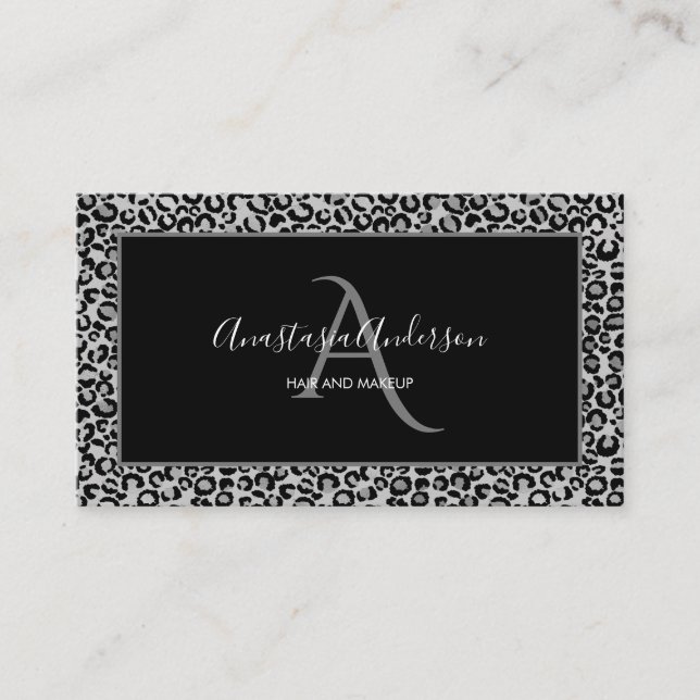 Girly Silver Leopard Spots Spaß Chic Black Monogra Visitenkarte (Vorderseite)