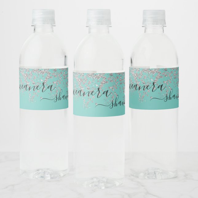 Girly Silver und Aquamarin Monogram Aqua Sparkle (Flaschen)