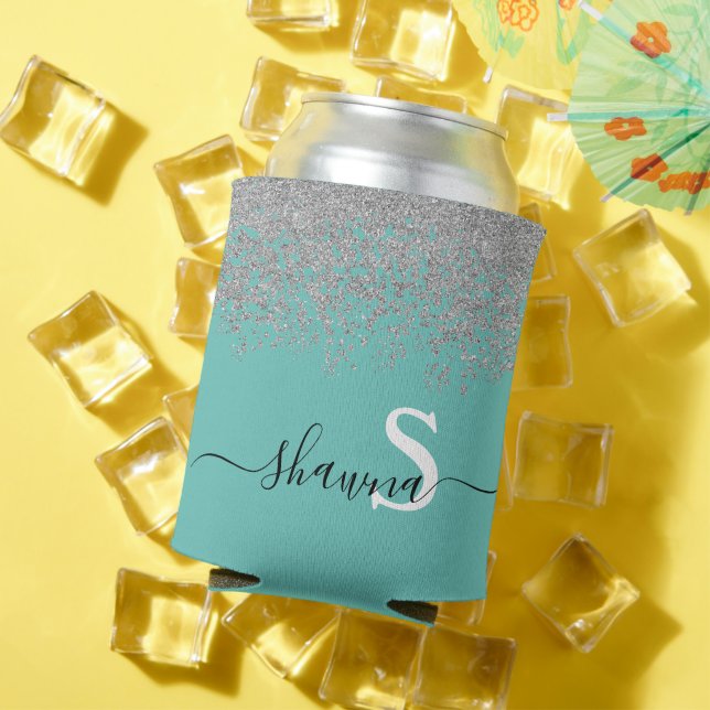 Girly Silver und Aquamarin Monogram Aqua Sparkle Dosenkühler (In Situ Sommer)