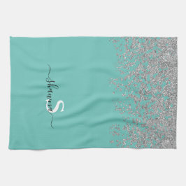 Girly Silver und Aquamarin Monogram Aqua Sparkle Geschirrtuch