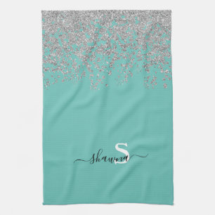 Girly Silver und Aquamarin Monogram Aqua Sparkle Geschirrtuch