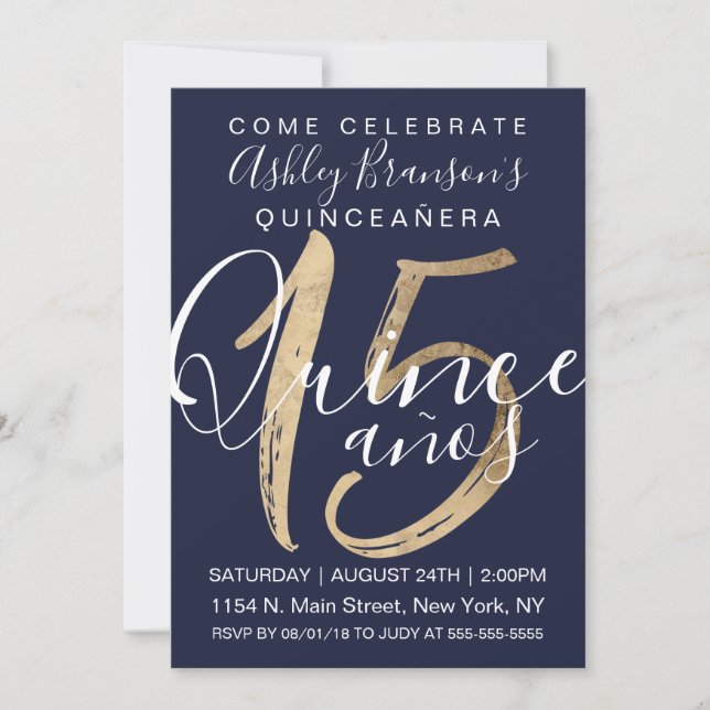 Girly Simple Navy Blue Gold Fossil Quinceñera Einladung (Vorderseite)