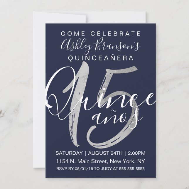 Girly Simple Navy Blue Silver Foil Quinceañera Einladung (Vorderseite)