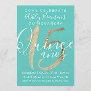 Girly Simple Turquoise Green Gold Foil Quinceañera Einladung