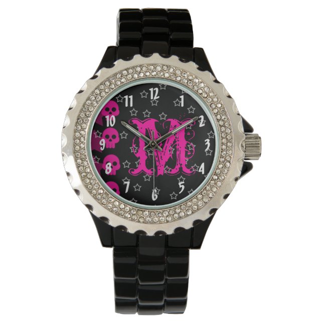 Girly Skull EMO Punk Rock Rocker Girl Stars Watch Armbanduhr (Vorderseite)
