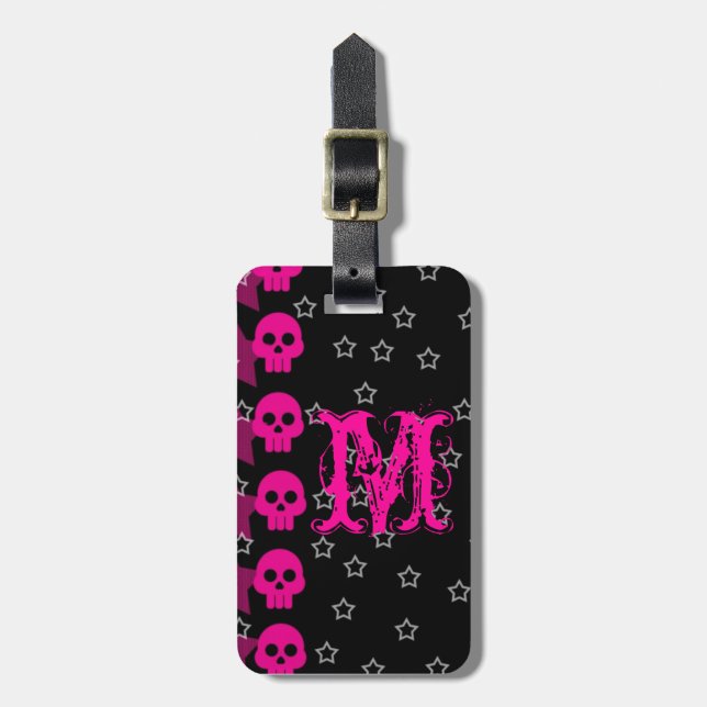 Girly Skull EMO Punk Rocker Monogram Gepäckmarke Gepäckanhänger (Vorderseite vertikal)