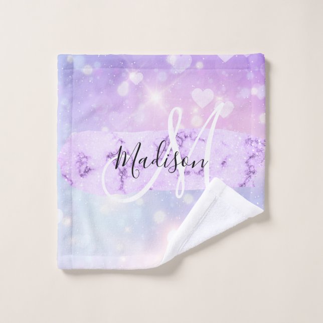 Girly Sparkly Unicorn Rainbow Hearts Monogramme (Gant de toilette)