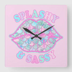 Girly Splashy & Sassy Rosa Türkis Meerjungfrau Kus Quadratische Wanduhr