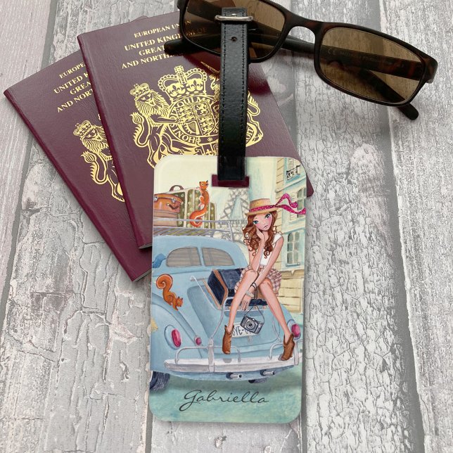 Girly Stylish Blue car Vacation Girls Travel Paris Gepäckanhänger (Girly Stylish Blue car Vacation Girls Travel Paris Luggage Tag)