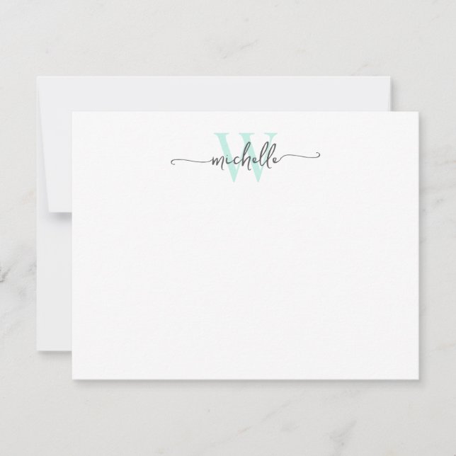 Girly Stylish Gray Aqua Monogram Name Script Mitteilungskarte (Vorderseite)