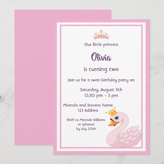 Girly Swan 2e anniversaire carte d'invitation (Devant / Derrière)