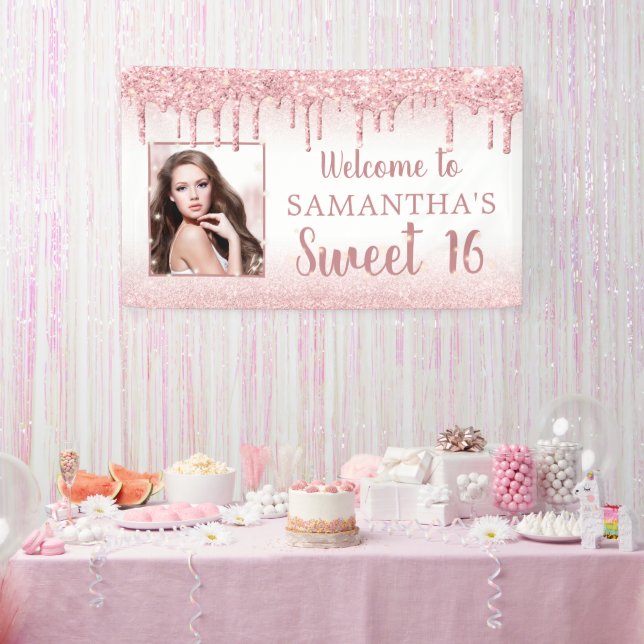 Girly Sweet 16 Rose Gold Glitzer Tropfen Foto Banner (Party)