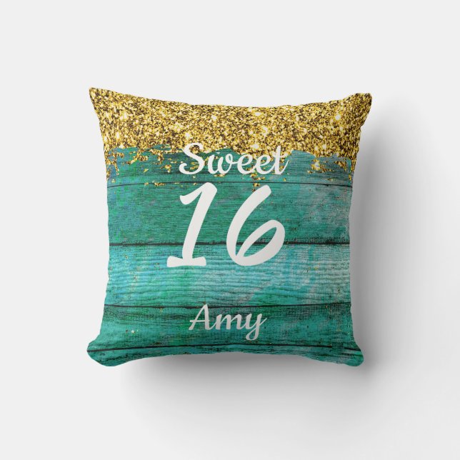 Girly Sweet 16 Turquoise Gold Glitzer Name Kissen (Vorderseite)