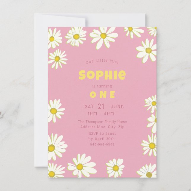 Girly Sweet Daisies Bubblegum Pink Erster Geburtst Einladung (Vorderseite)