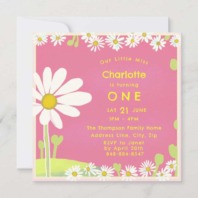 Girly Sweet Daisies Bubblegum Pink Yellow Birthday Einladung (Vorderseite)