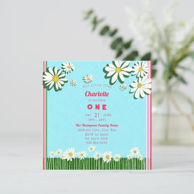 Girly Sweet Daisies Field Pink Green Aquamarin Geb Einladung (Stehend Vorderseite)