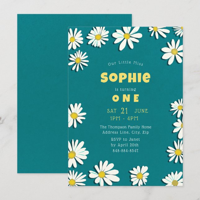 Girly Sweet Daisies Yellow Aquamarin erster Geburt Einladung (Vorne/Hinten)