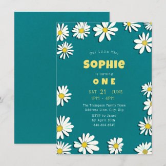 Girly Sweet Daisies Yellow Aquamarin erster Geburt Einladung