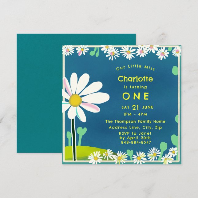 Girly Sweet Daisy Blue Yellow Birthday Einladung (Vorne/Hinten)